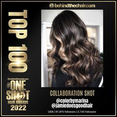 picture of a collaboration post of brunett hair with blond face framing pieces