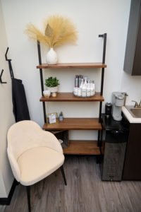 A shelf with products