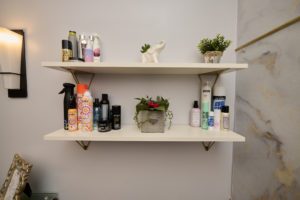 a shelf displaying products