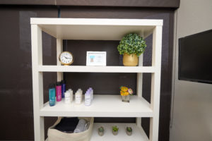 white shelves with products displayed