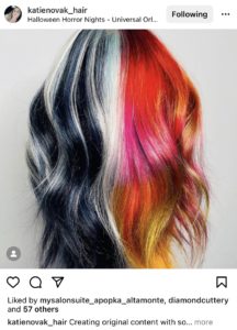 picture of multicolored hair. half of the head is black and white the other half is red pink and yellow